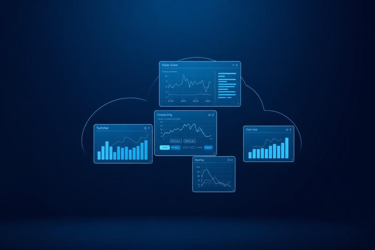 Cloud infrastructure represented as floating analytics panels